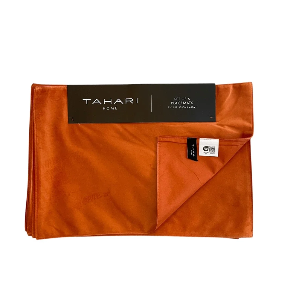 TAHARI Fall Velvet Velour Placemats 6pc 13x19 Orange Rust Autumn Decor New